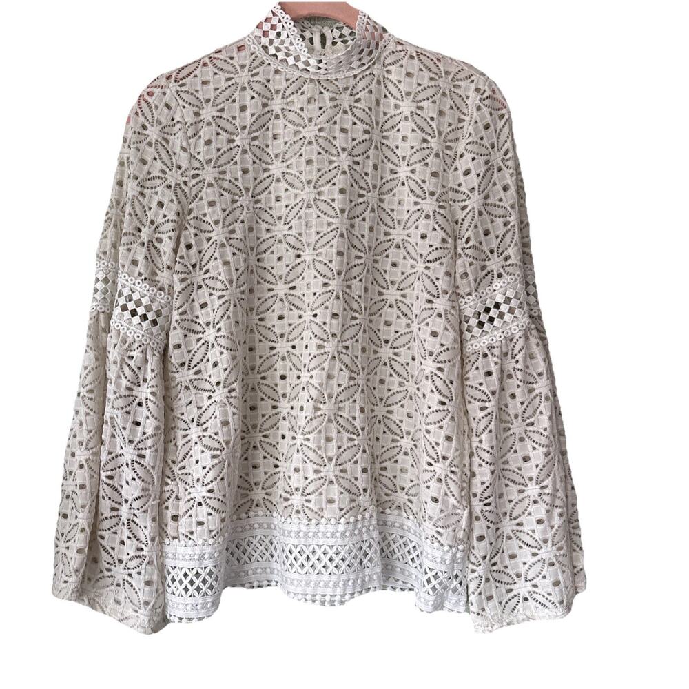 Pointelle Brand White Lace Mock Neck Top Boho Flare Sleeve Top Coquette Sz S